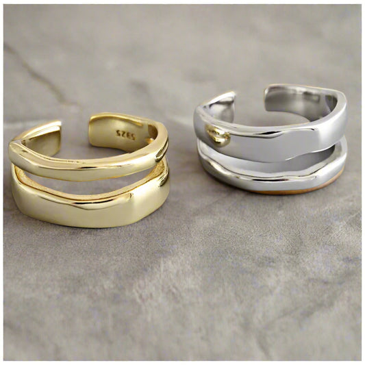 Silver Color Trendy Elegant Twist Two Circle Rings for Women Couple Simple Geometric Handmade Jewelry Adjustable