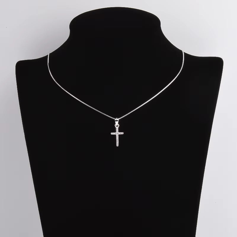 925 Sterling Silver Classic Zircon Tiny Cross Female Pendants Necklaces for Women Mini Long Chain Collar Christ Jewelr